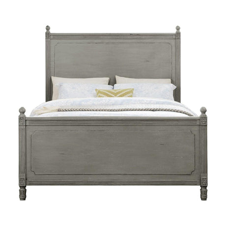 Gray panel king bed angled front view showing panel headboard