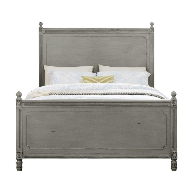 Gray panel king bed angled front view showing panel headboard