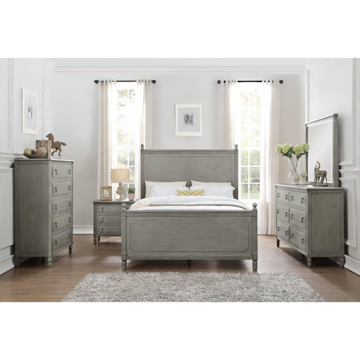 Gray panel king bed detailed view of wood texture and finish