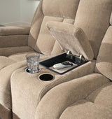 Mixed Motion Brownstone Chenille / Faux Leather Power Reclining Loveseat with Console — detail view