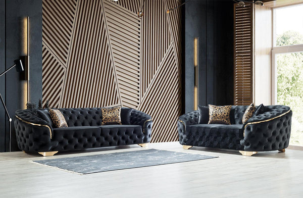 Scarlett Black Velvet Sofa and Loveseat set main front view