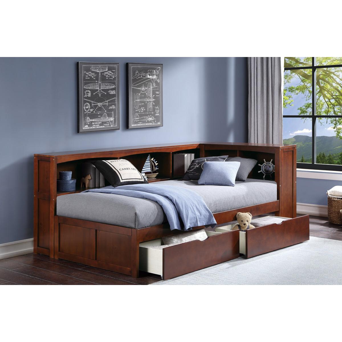 Rowe Dark Cherry Twin Bookcase Corner Bed with Storage Boxes top view
