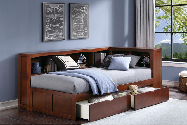 Rowe Dark Cherry Twin Bookcase Corner Bed with Storage Boxes top view