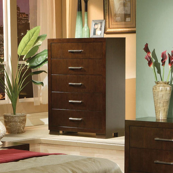 Jessica 5-Drawer Chest front view in cappuccino finish