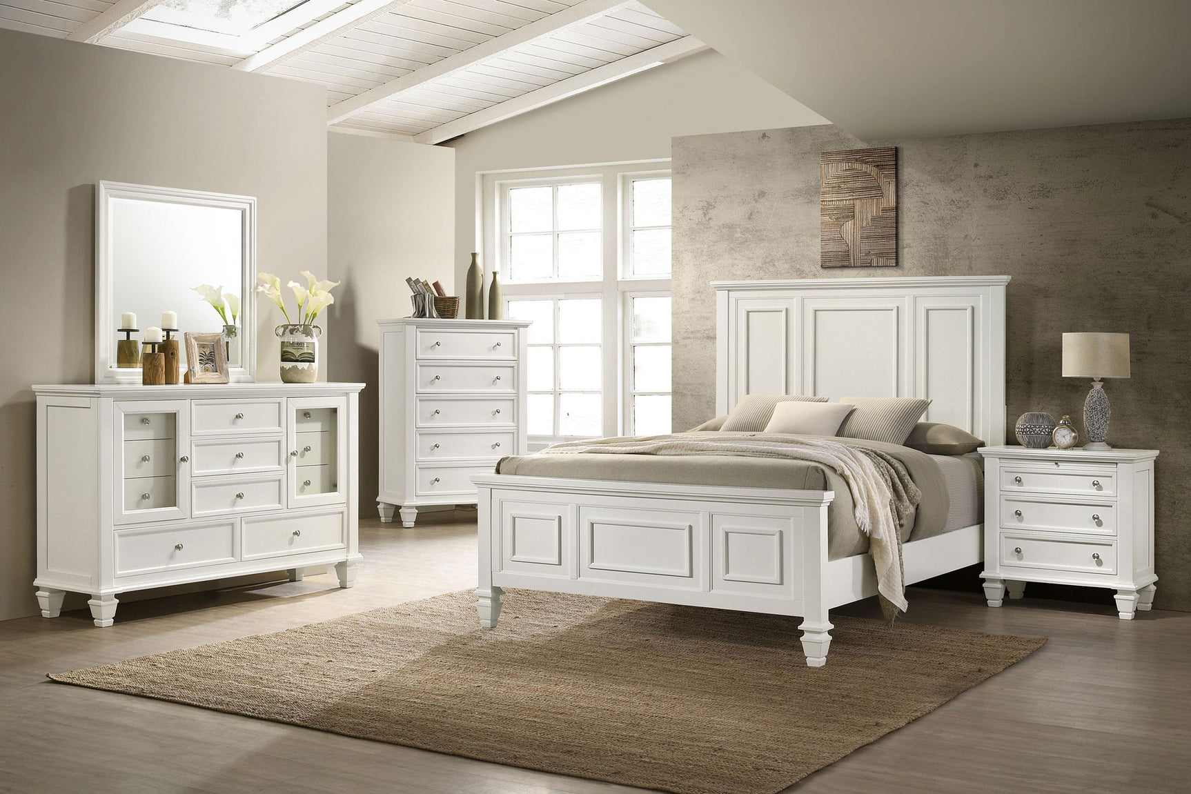Side view of Sandy Beach king wood panel bed in cream white
