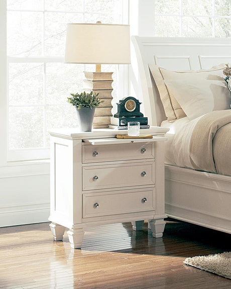 Sandy Beach White 3-Drawer Nightstand angled front view