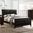 Carlton full upholstered panel bed in cappuccino and black, angled side view