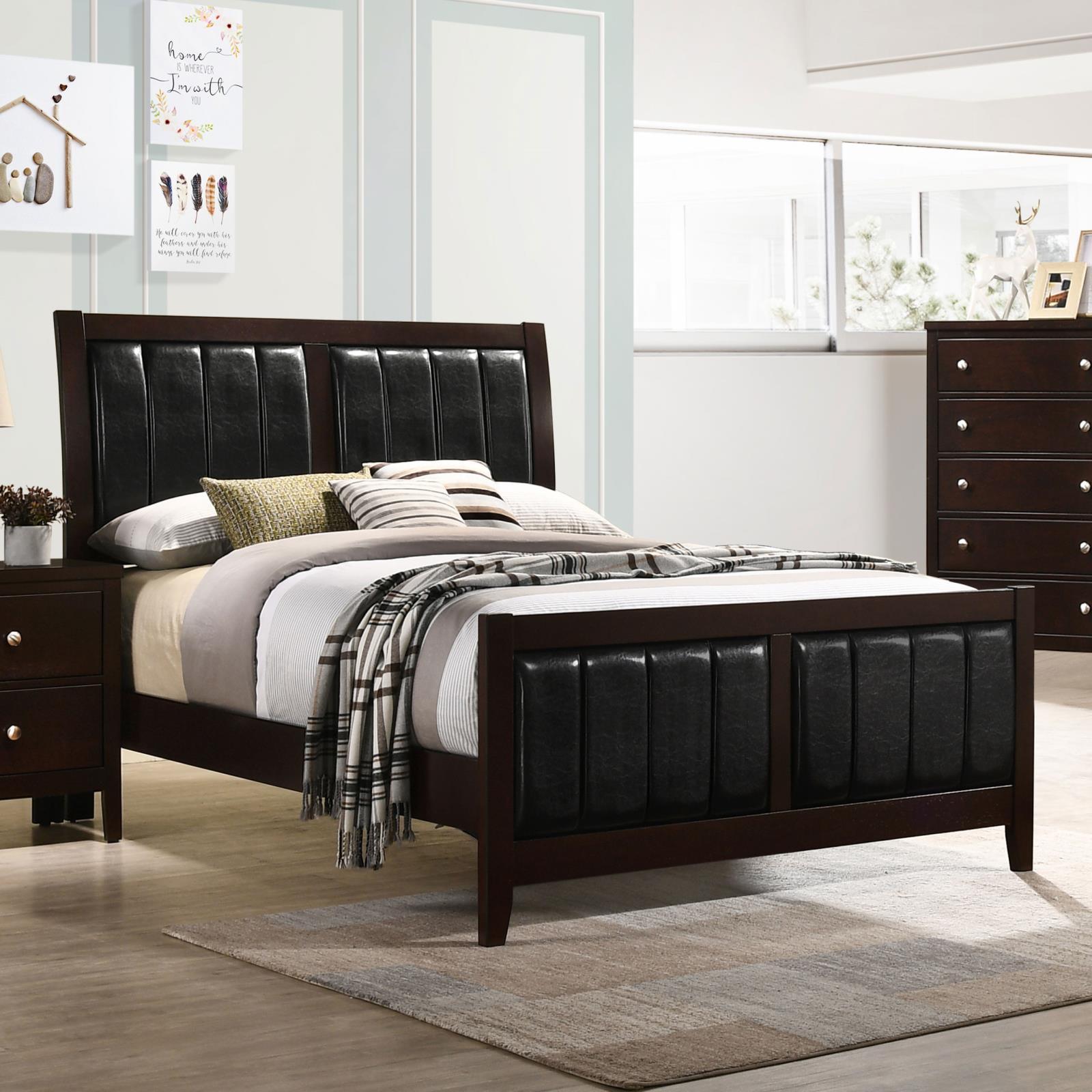 Carlton full upholstered panel bed in cappuccino and black, angled side view