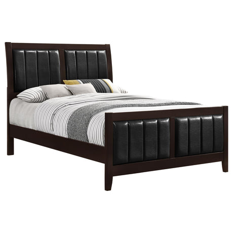 Carlton full upholstered panel bed, close-up of leatherette paneled headboard