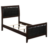 Side view of Carlton Twin Upholstered Panel Bed with tapered legs