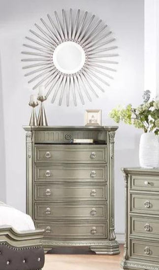 Santa Monica Antique Silver Solid Wood 5-Drawer Chest front view