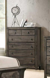 Front view of farmhouse gray modern contemporary solid wood and veneers 5-drawer chest