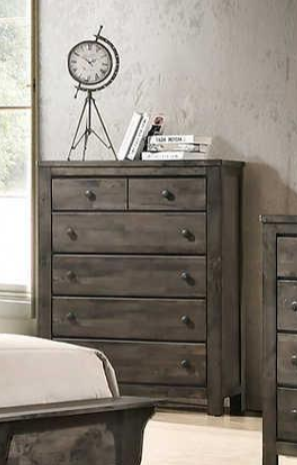 Front view of farmhouse gray modern contemporary solid wood and veneers 5-drawer chest