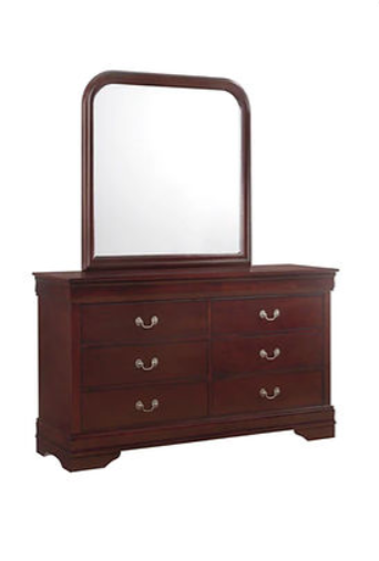 Angled view of Louis Phillipe cherry dresser and mirror set