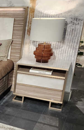 Luce Beige Nightstand front view highlighting Light Onyx top and Zebrano wood effect door