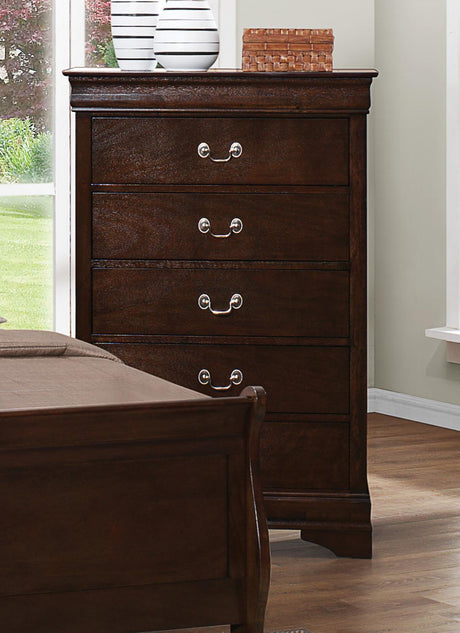 Louis Philippe 5-Drawer Chest front view showing cappuccino finish and silver bail handles
