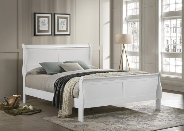Side view of Louis Philippe full sleigh panel bed in white