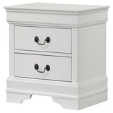Close-up of bail handle hardware on white nightstand