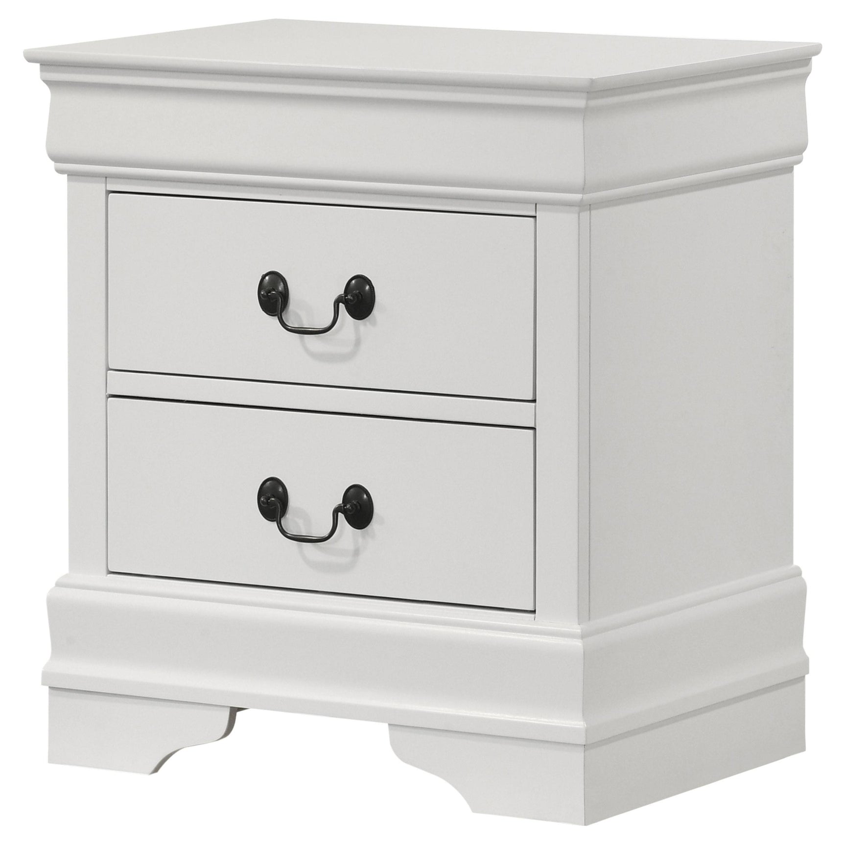 Close-up of bail handle hardware on white nightstand