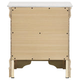 Top surface of white nightstand with decorative items