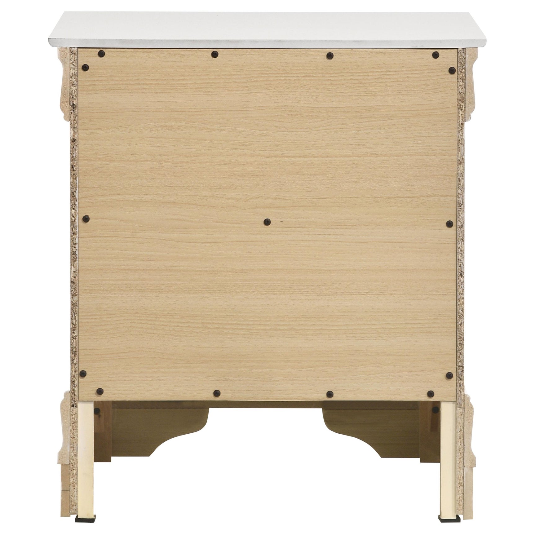 Top surface of white nightstand with decorative items