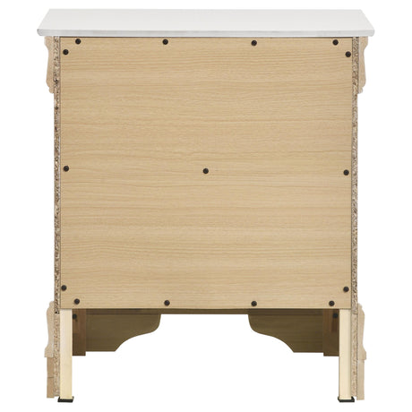 Top surface of white nightstand with decorative items