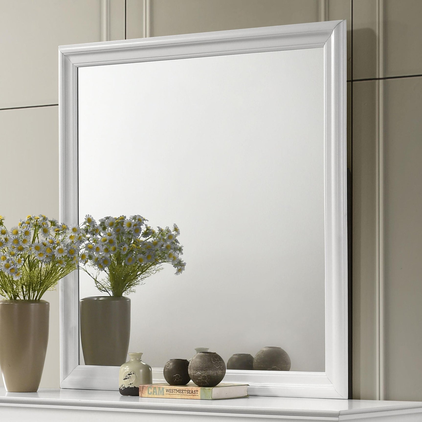 Side angle of Louis Philippe dresser mirror showing frame detail