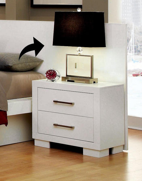 Jessica Eastern King Platform Bed in White, front view showing headboard and rail seating