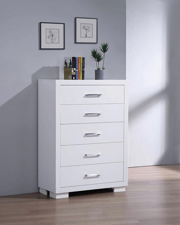 Jessica 5-Drawer White Chest, front angle