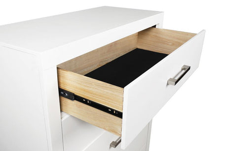 Jessica 5-Drawer White Chest, silver tone bar handles close-up