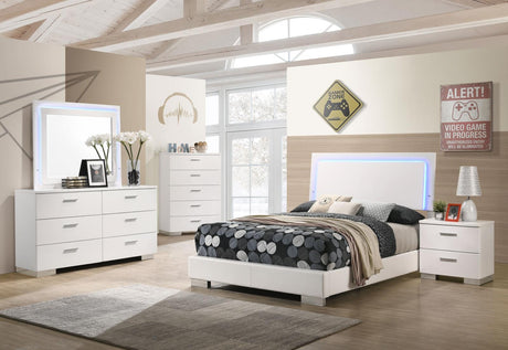 Felicity full bedroom set with LED upholstered headboard and storage drawers, front angle