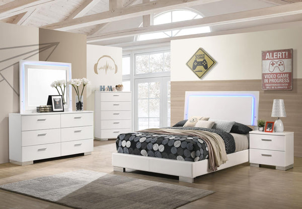 Felicity full bedroom set with LED upholstered headboard and storage drawers, front angle