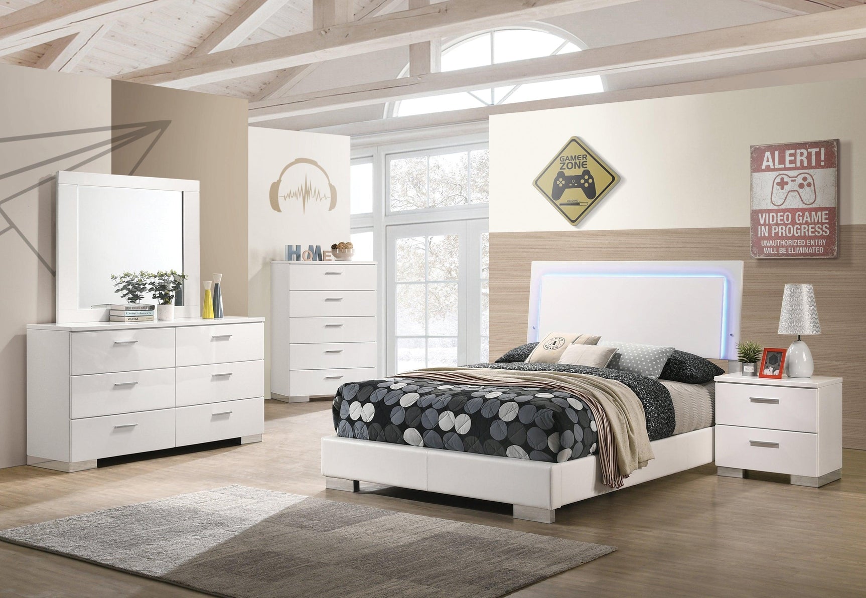 Felicity Full Size Panel Bed side angle showing padded leatherette base and chrome block feet