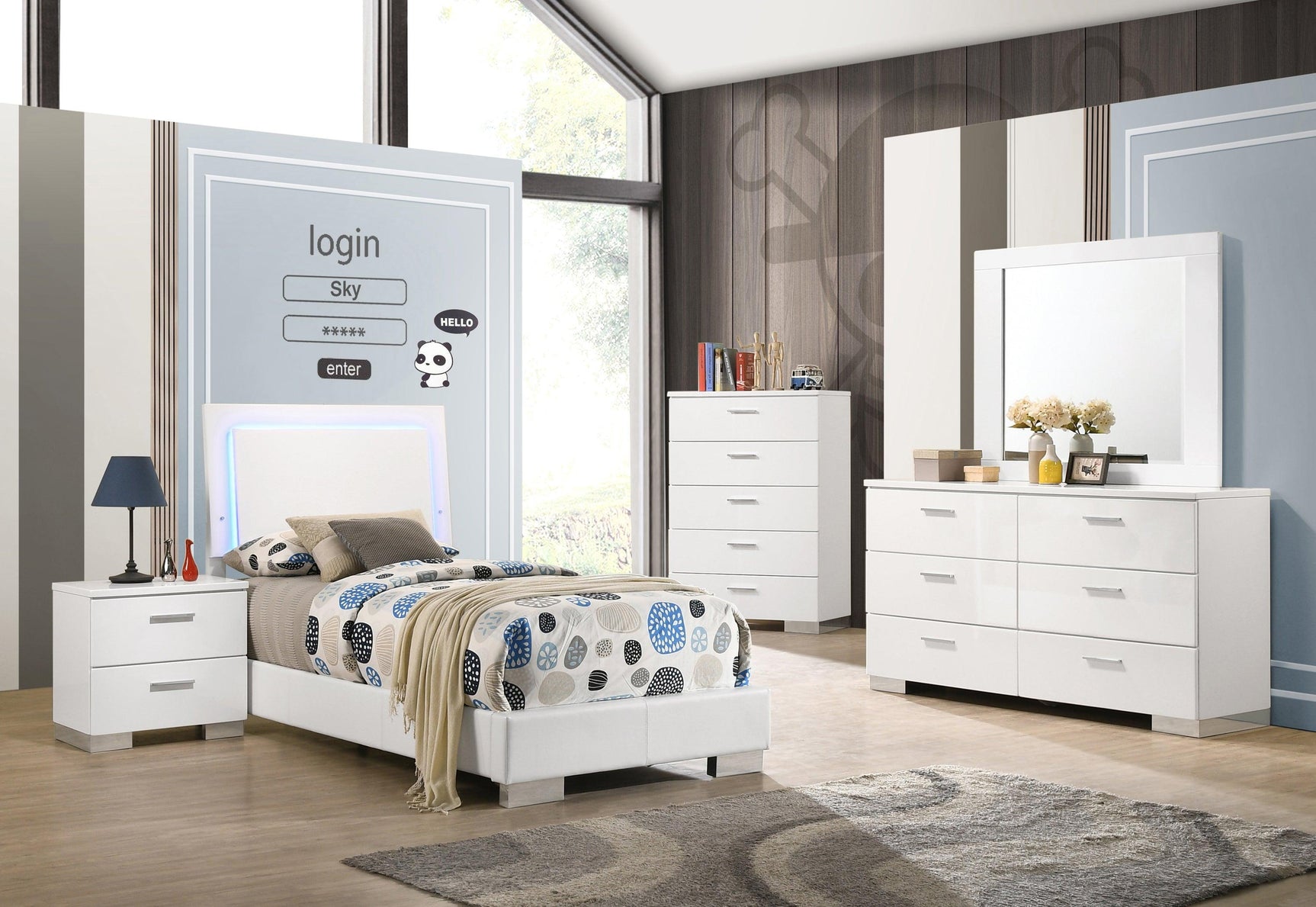 Felicity Glossy White Twin Bed LED lighting side angle