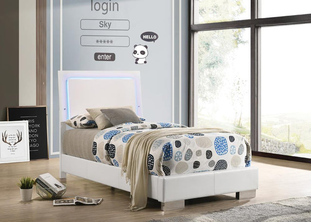 Felicity White Twin Panel Bed with Blue LED Lighting front view