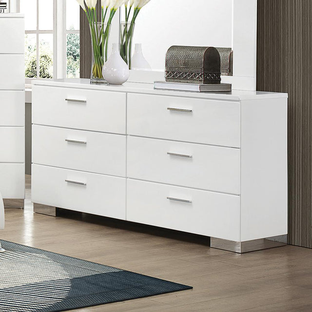 Felicity 6-Drawer Glossy White Contemporary Dresser front angle