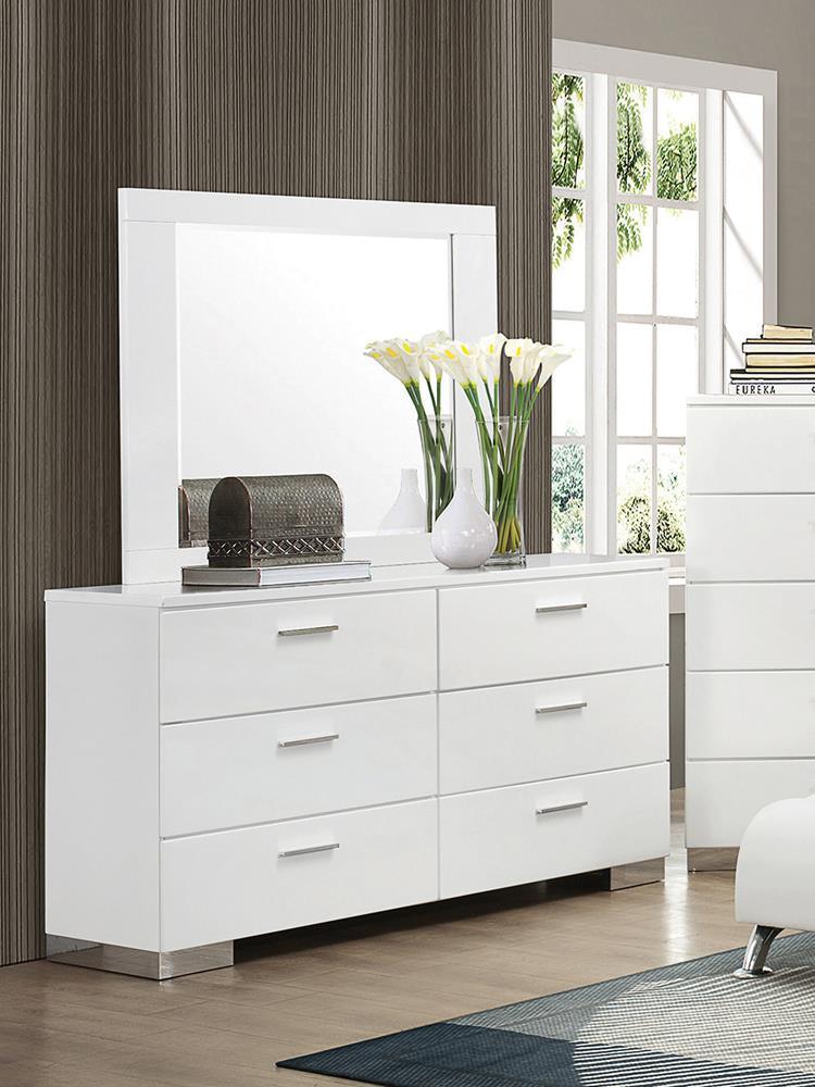 Felicity 6-Drawer Glossy White Contemporary Dresser in bedroom setting