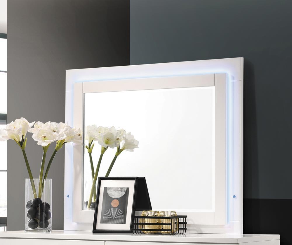 Felicity Glossy White LED Dresser Mirror illuminated with neutral white LED light