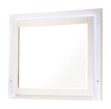 Close-up of touch light button on Felicity Glossy White LED Dresser Mirror frame