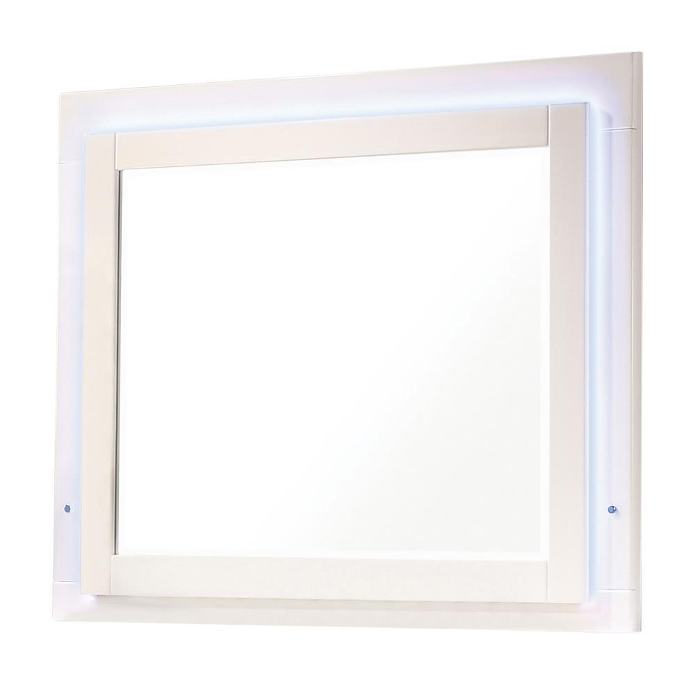Close-up of touch light button on Felicity Glossy White LED Dresser Mirror frame