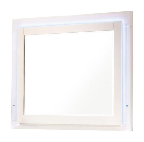 Close-up of touch light button on Felicity Glossy White LED Dresser Mirror frame