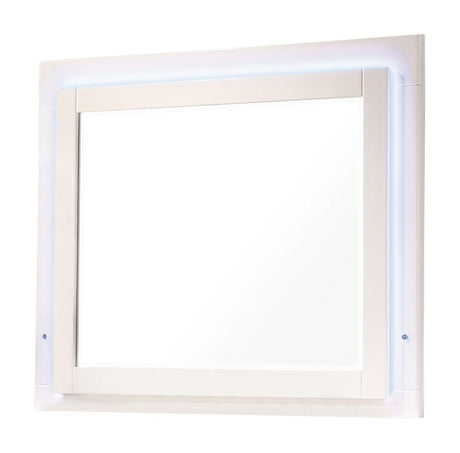 Blue LED lights on Felicity King Panel Bed headboard