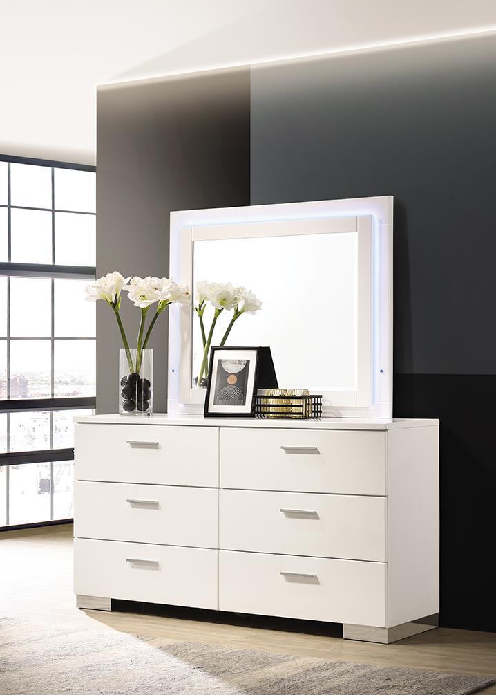 Felicity Glossy White LED Dresser Mirror showing full rectangular reflective surface