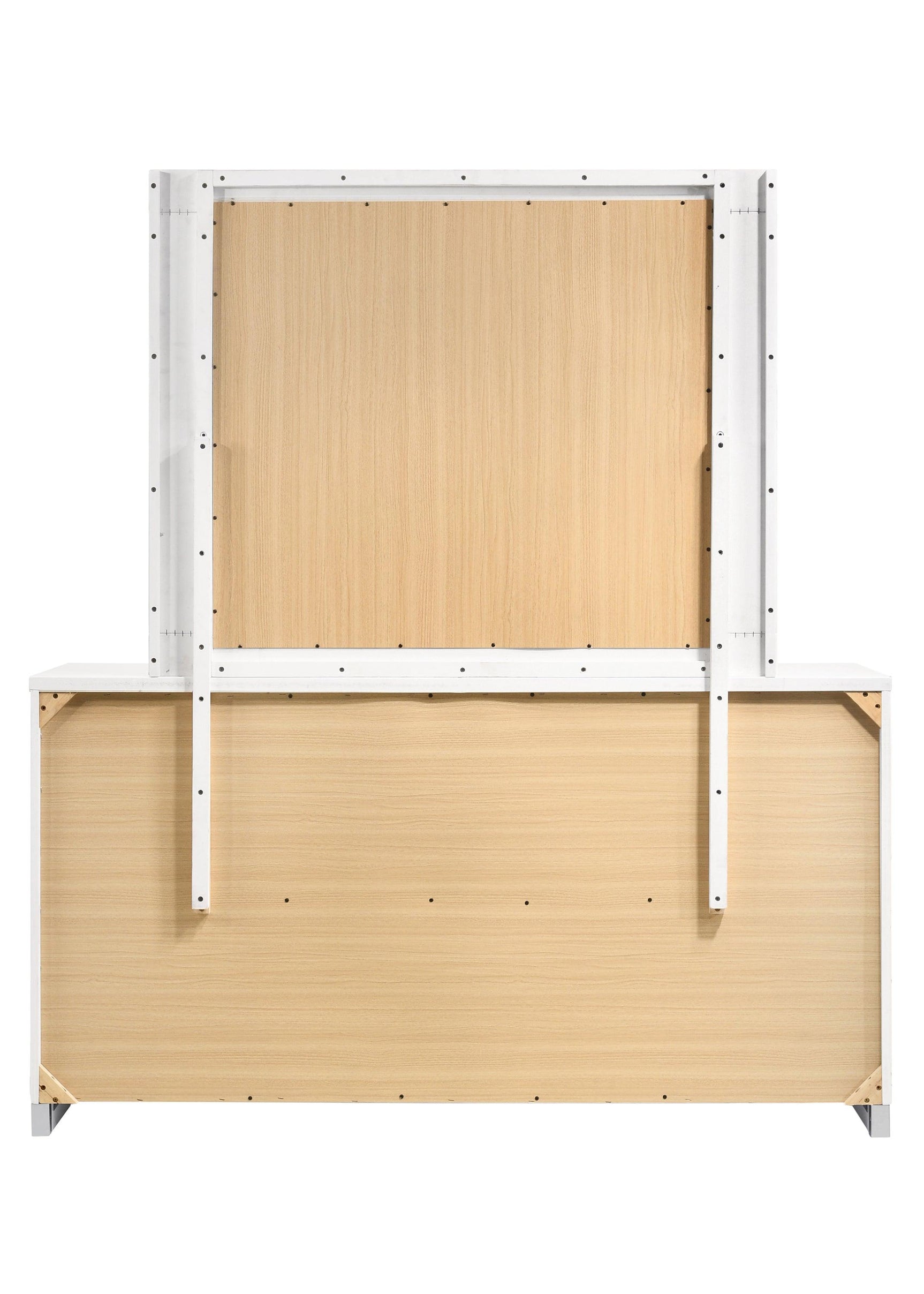 Glossy white dresser mirror with beveled edges