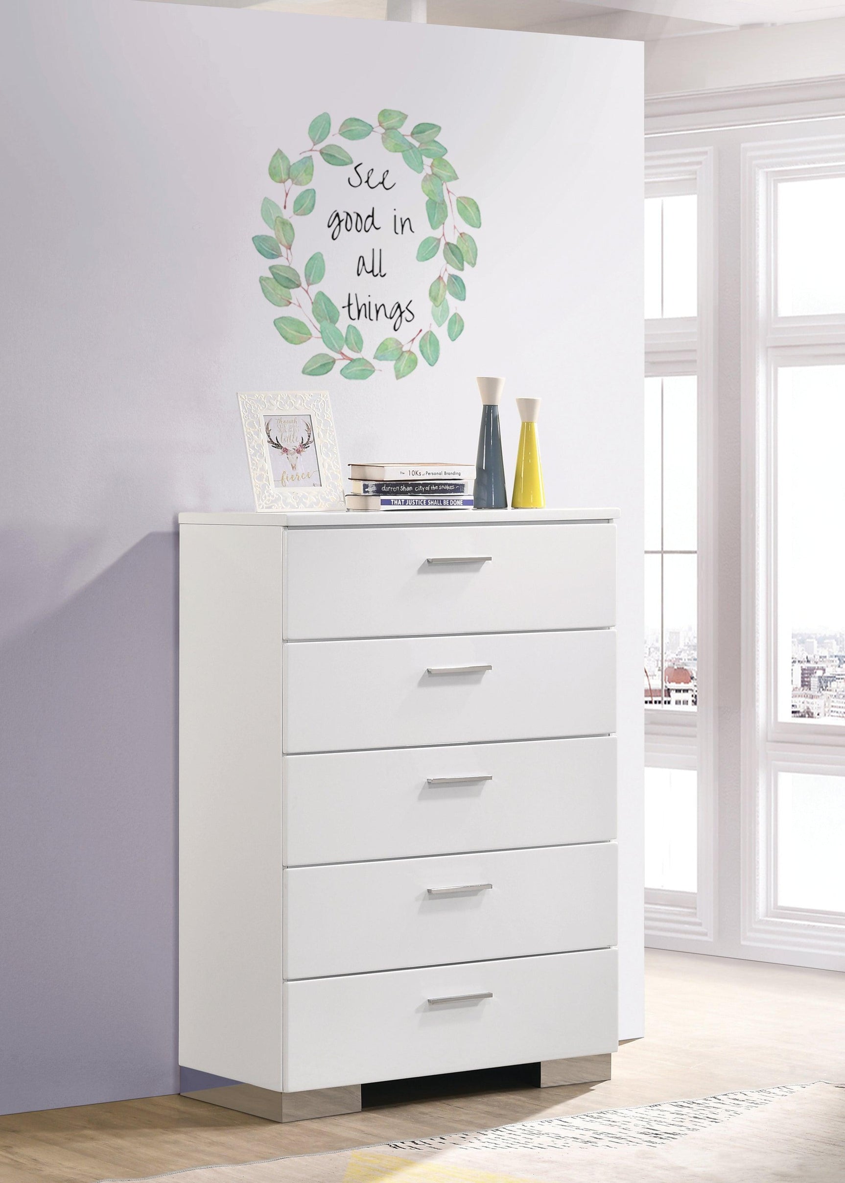 Felicity 6-Drawer Glossy White Contemporary Dresser drawer corner detail