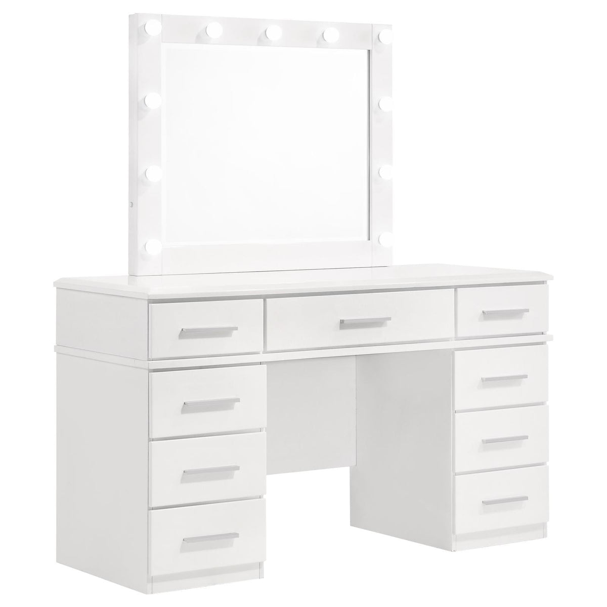 Glossy white Felicity vanity desk with drawers open
