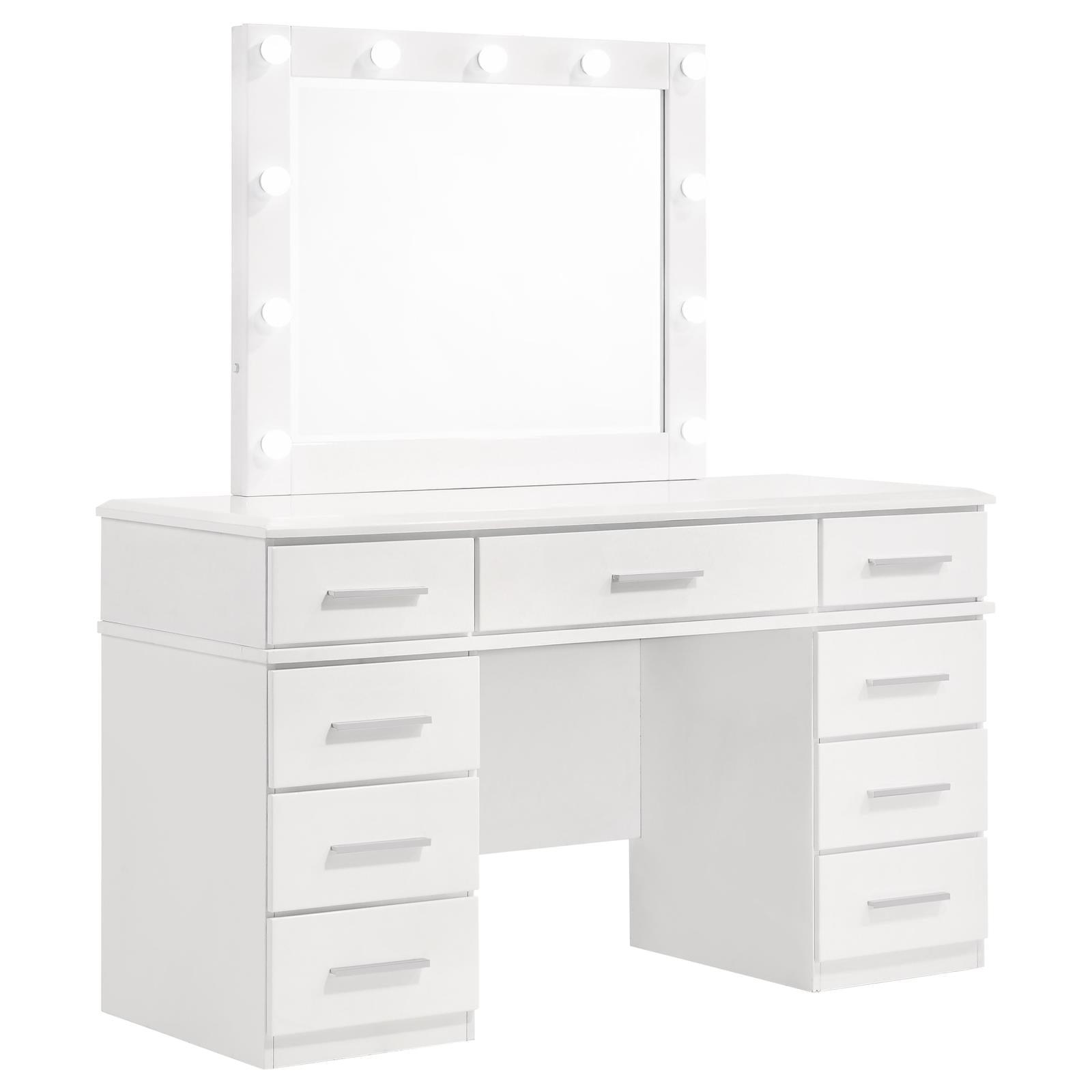 Glossy white Felicity vanity desk with drawers open
