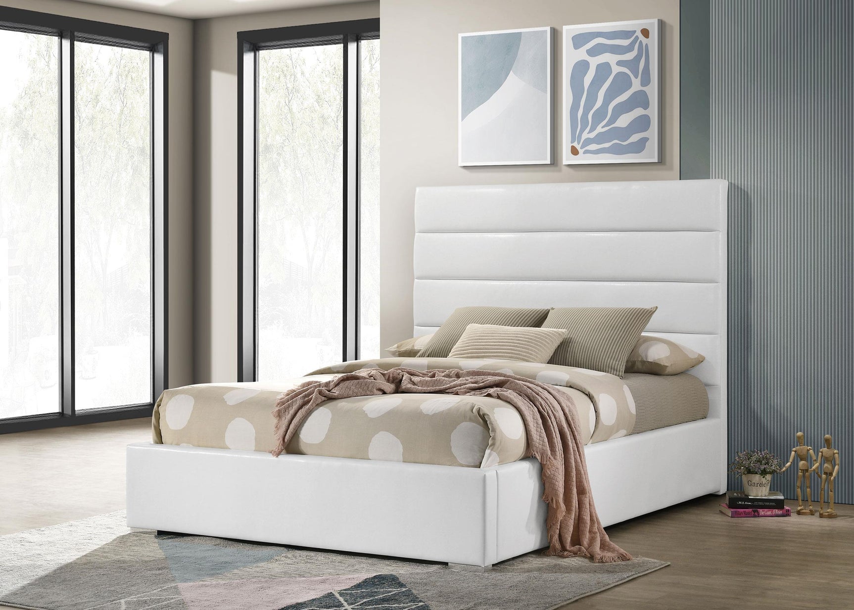 Side view of Felicity white leatherette upholstered full platform bed