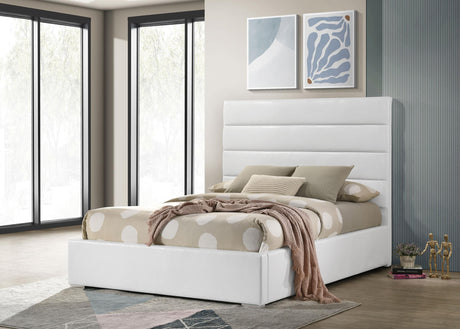 Side view of Felicity white leatherette upholstered full platform bed