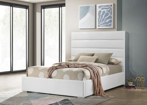 Side view of Felicity white leatherette upholstered full platform bed